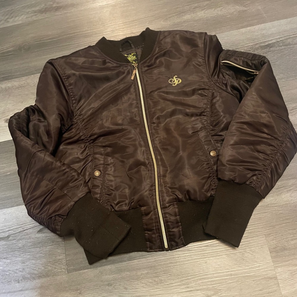 Southpole Womens Brown Satin Bomber Jacket Quilted Lined Y2K Streetwear XL